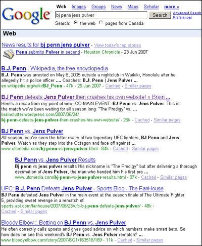 Google results for BJ Penn Jens Pulver