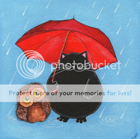 CAT Baby Owl Rain Umbrella Painting Illustration~ANNYA  